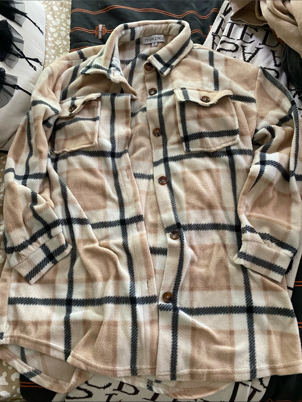 Ivory & Beige Plaid Teddy Jacket Shacket